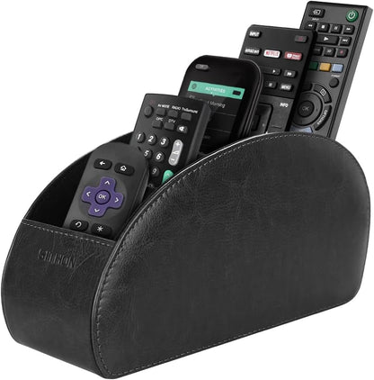 SITHON Remote Control Holder with 5 Compartments | PU Leather Remote Caddy Desktop Organizer Store TV, DVD, Blu-Ray, Media Player, Heater Controllers, Stripe Black