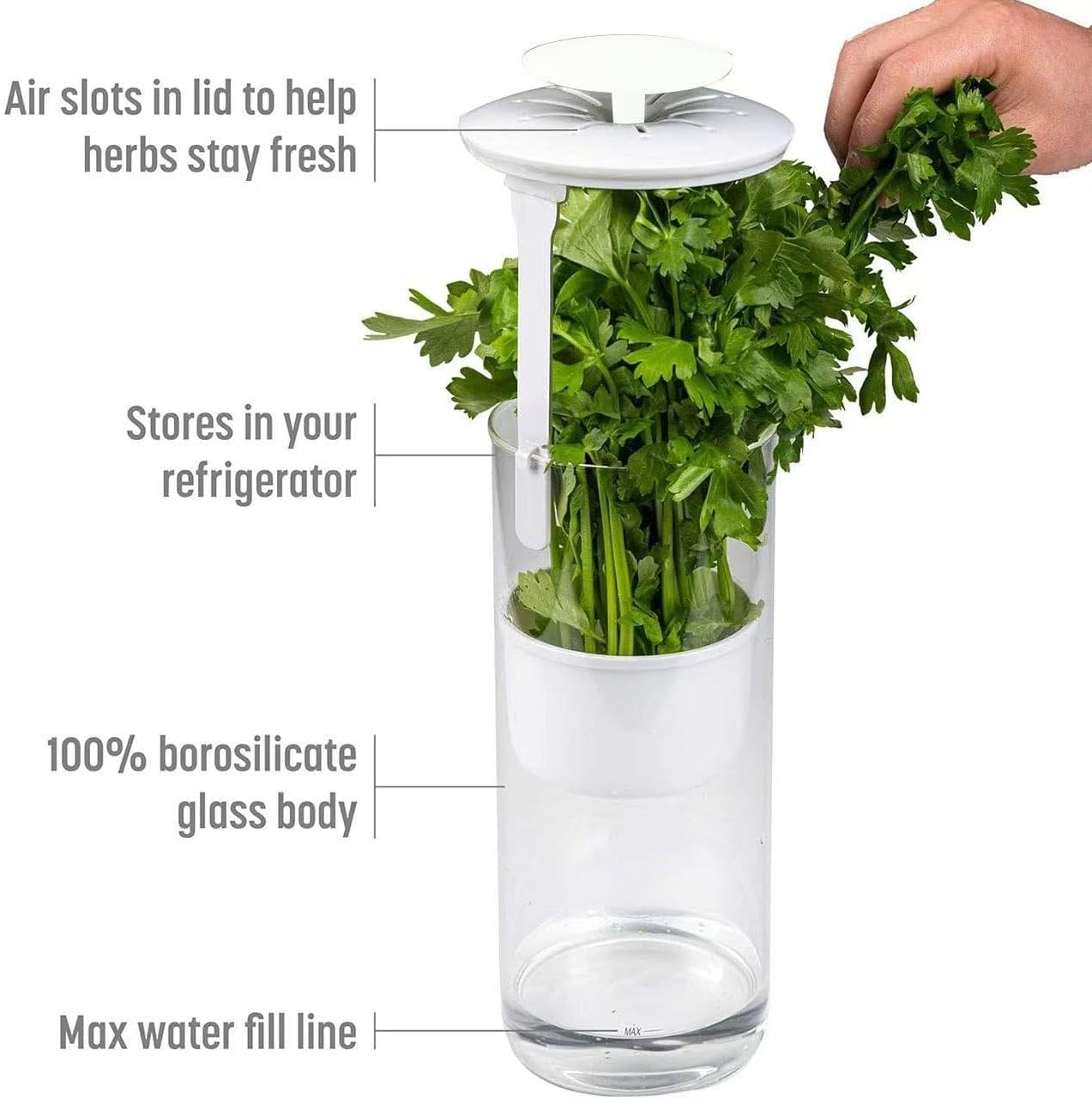 Fresh Herb Keeper Glass Container for Fridge, Borosilicate Herb Preserver Vase with Adjustable Water Line, Herb Storage Jar for Cilantro, Parsley, Basil, Mint, Green Vegetables，White