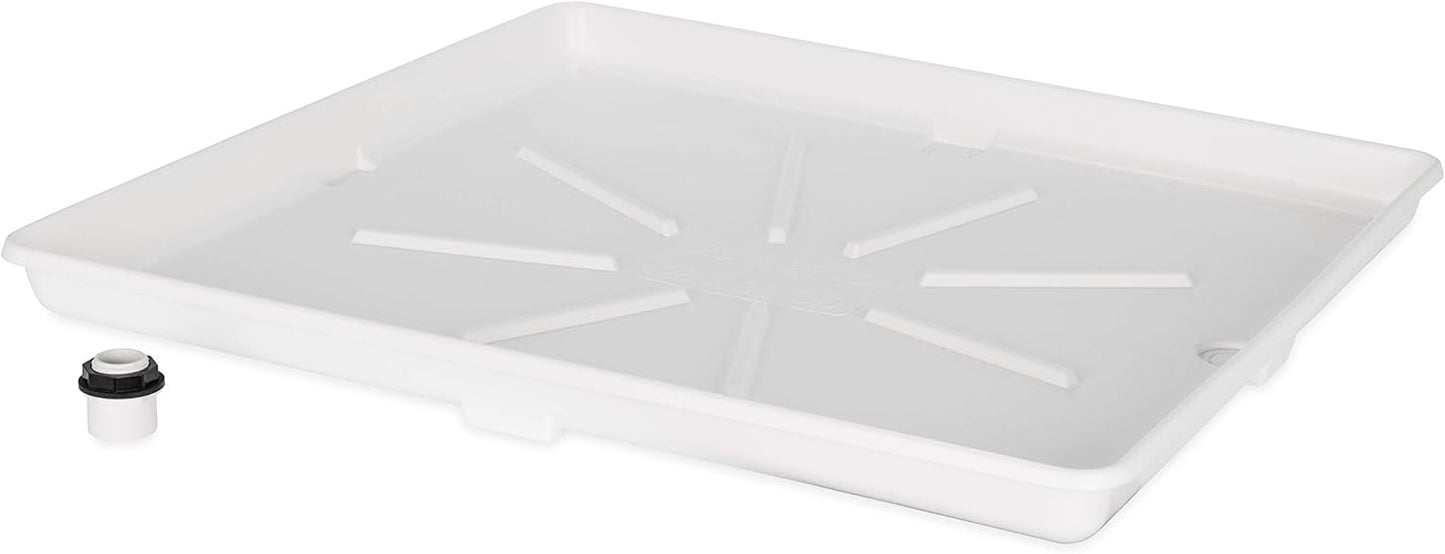 Camco Stackable Washing Machine Drain Pan - Measures 25″ (L) x 27″ (W) ID & 28″ (L) x 30″ (W) x 2 7/16″ (H) OD - Great for Apartment-Sized Washers/Stackable Units - 1"/1.5" PVC Drain Fitting (21006)