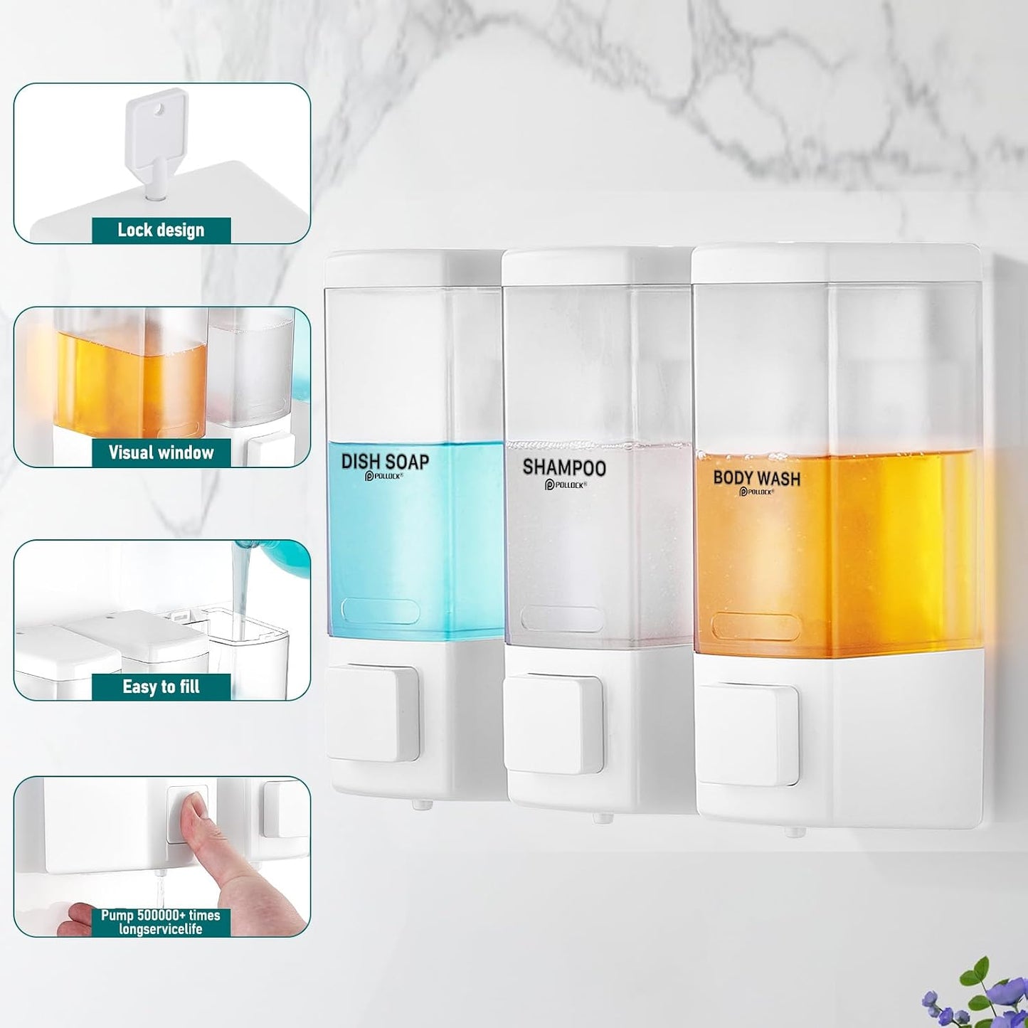 Pollock Shampoo and Conditioner Dispenser,Black 3 Chamber * 500ML | Shower Soap Dispenser Wall Mounted, Body Wash Dispenser No Drill,Refillable Shower Dispenser for Bathroom,Hotel,Public Place