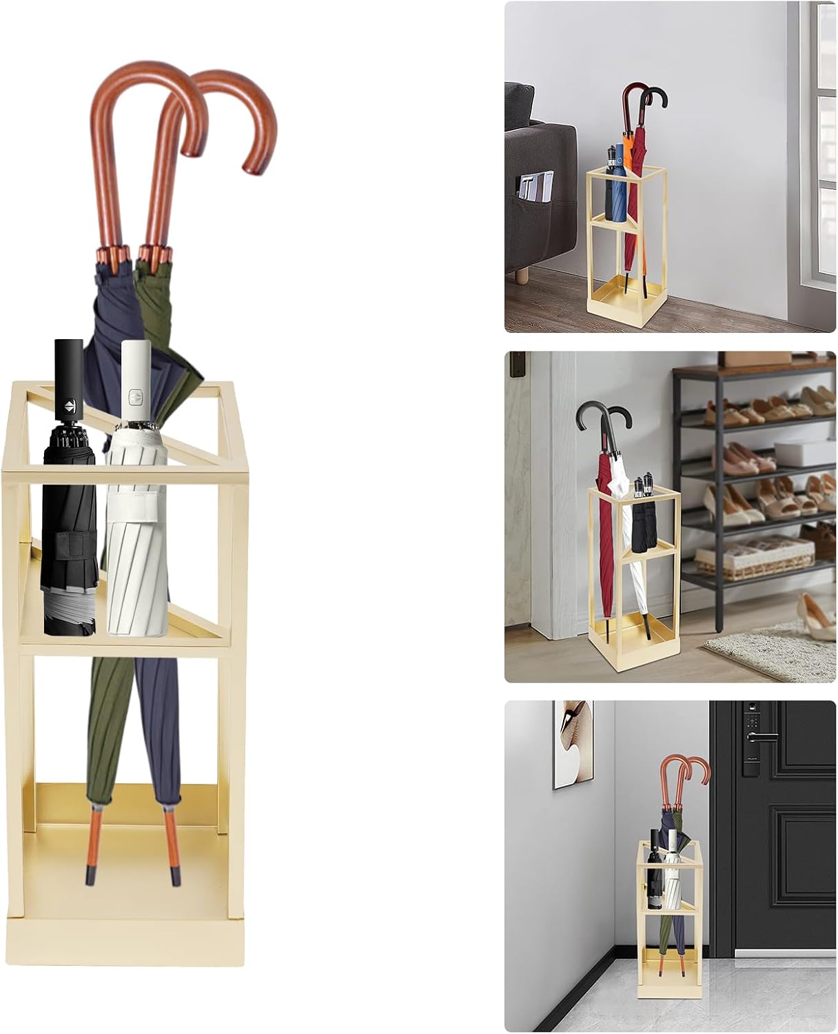 Umbrella Stand Indoor, 20.87 Inch Freestanding Metal Umbrella Holder with Bottom Drip Tray, Modern Entryway Umbrella Rack, Compact Umbrella Storage Rack for Lobby, Front Hall, Corridor (Golden)