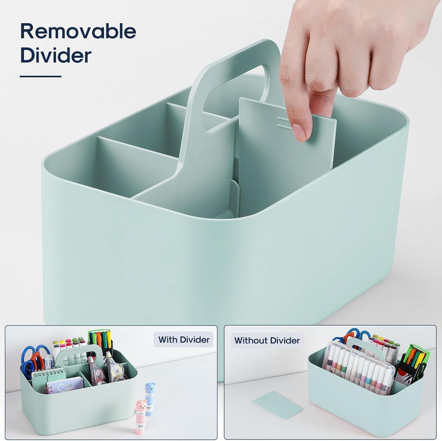 Multiuse Caddy Organizer with Handle, Portable Divided Plastic Tote Bin - Art Craft, Stationary Pen Marker Crayons, Makeup Hair Supplies Storage - Bathroom, Classroom, Dorm, Office, Desk Holder - Grey