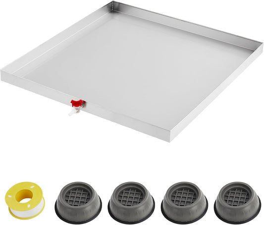 28" x 30" Washing Machine Drain Pan with Drain Hole & Hose Adapter, 304 Stainless Steel Heavy Duty Washer Drip Tray with 4 Anti-Vibration Feet for Compact Washers