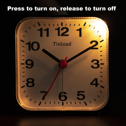 Tinload Small Battery Operated Analog Travel Alarm Clock Silent Non Ticking, Gentle Wake, Ascending Beep Sounds, Snooze,Lighted on Demand, Easy Set(Black)