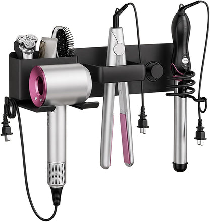 No-Drill Hair Dryer Holder Wall Mount with Storage Compartment for Bathroom | 4-in-1 Hair Tool Organizer, Blow Dryer Holder, Curler & Styler, Aluminum, Cable Mgmt, Space-Saving. Ideal for Bedroom, Salon