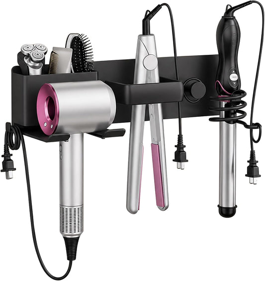 No-Drill Hair Dryer Holder Wall Mount with Storage Compartment for Bathroom | 4-in-1 Hair Tool Organizer, Blow Dryer Holder, Curler & Styler, Aluminum, Cable Mgmt, Space-Saving. Ideal for Bedroom, Salon
