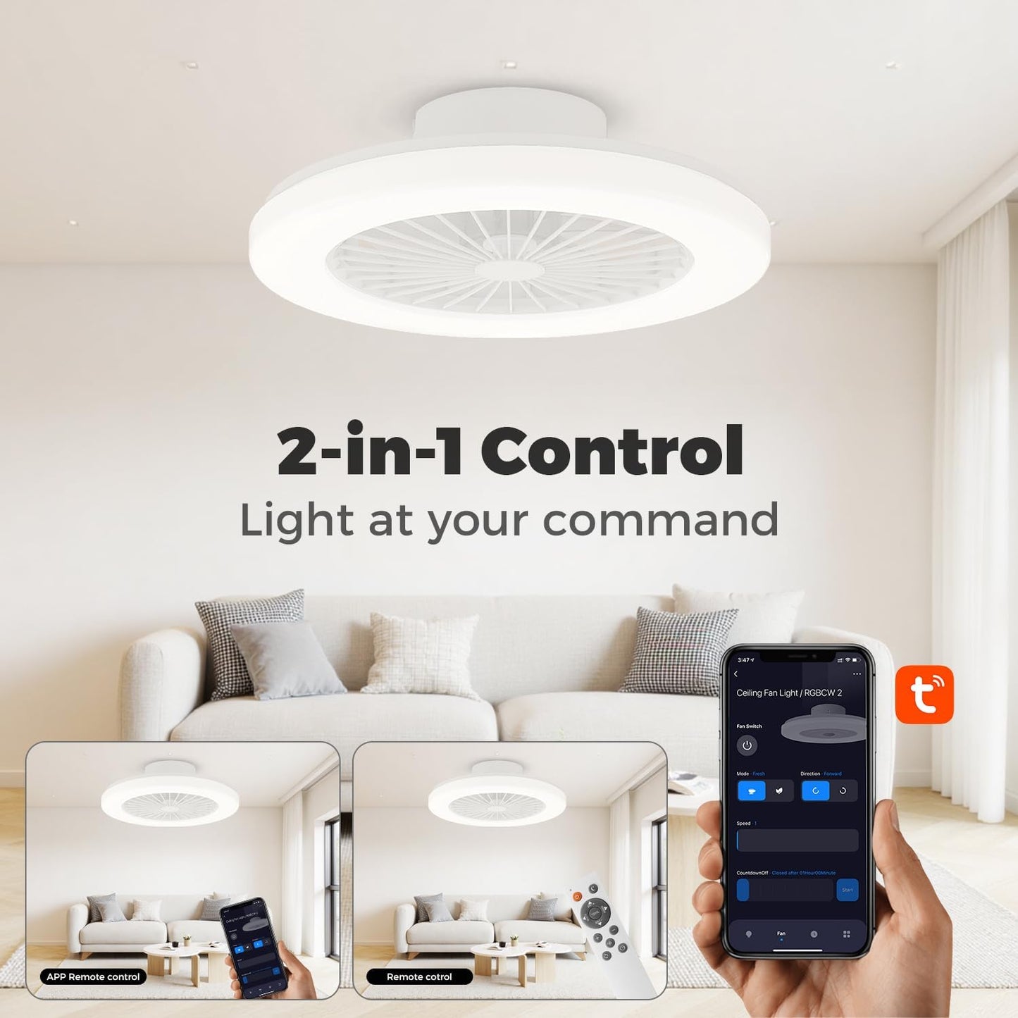 18.9" RGB Flush Mount Ceiling Fan with Light, 6 Speeds 3 Colors | Indoor Ceiling Fan · RGB+3CCT Dimmable · App/Remote Control · Quiet DC · 6-Speed Reversible · Flush Mount 18.9" · Kids Room