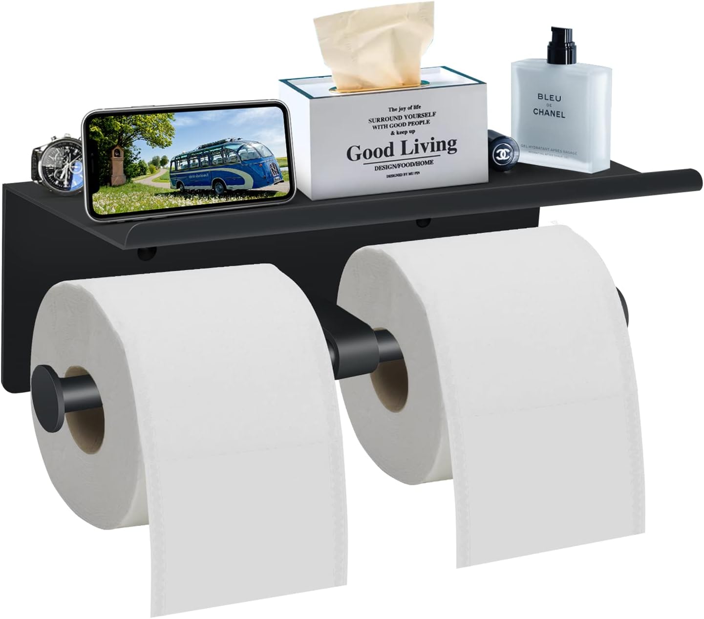 Toilet Paper Holder with Shelf Wall Mounted Toilet Paper Storage, Double Roll Tissue Holder Dispenser Bathroom Toilet Paper Holder (Matte Black)