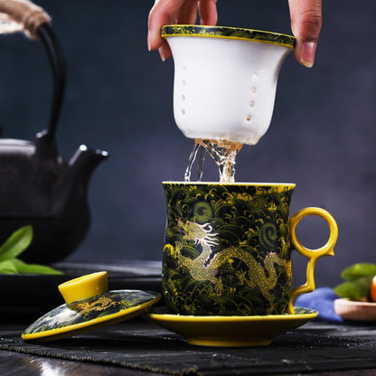 Porcelain Tea Cup with Infuser Lid and Saucer Sets - Chinese Jingdezhen Ceramics Coffee Mug Teacup Loose Leaf Tea Brewing System for Home Office