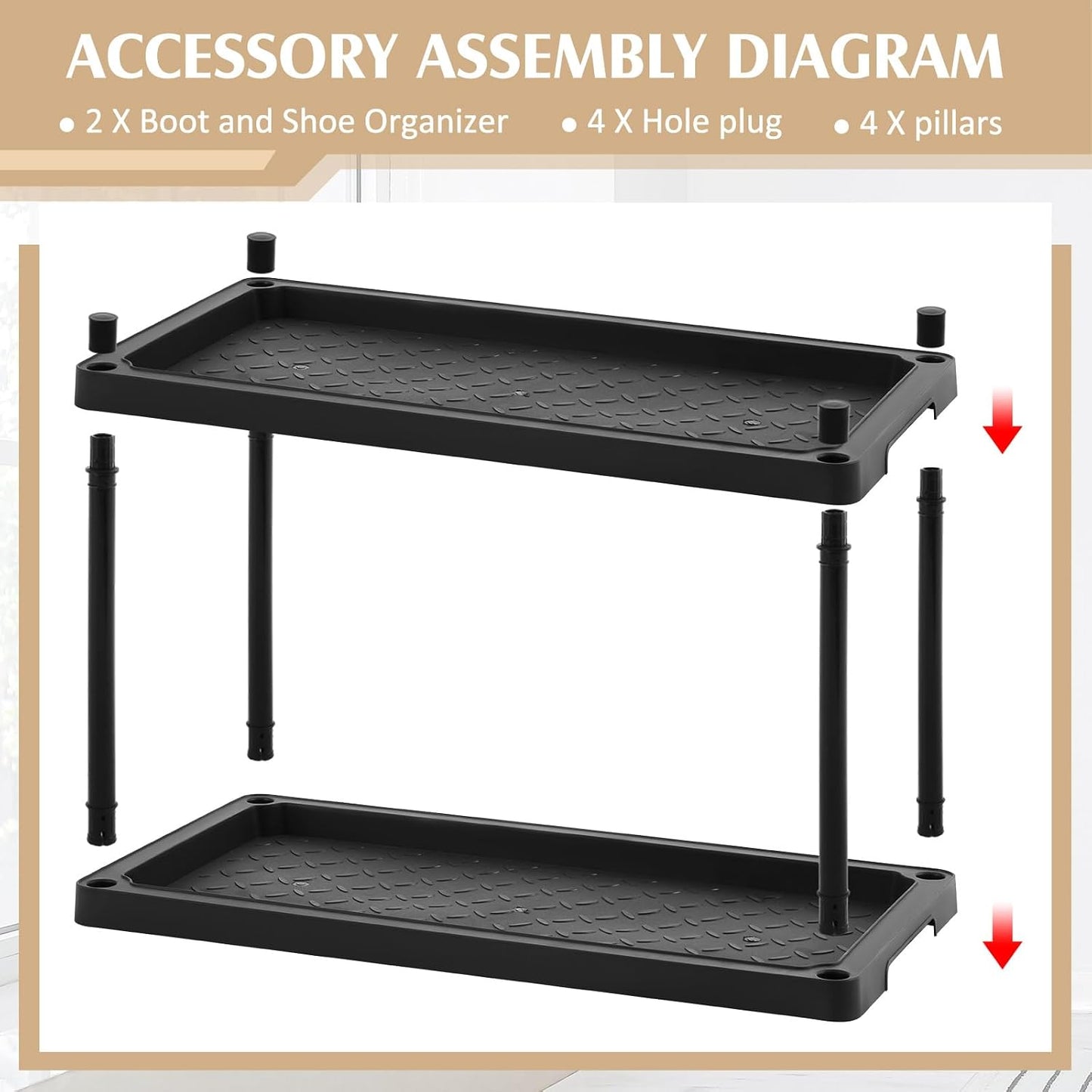 Cinnvoice Boot Tray Rack for Entryway Plastic Waterproof Shoe Mat Tray Large Storage Shelf for Indoor Outdoor Entryway Hallway Closet Use in All Seasons Black(28" d X 14.5" w X 14.5" h)