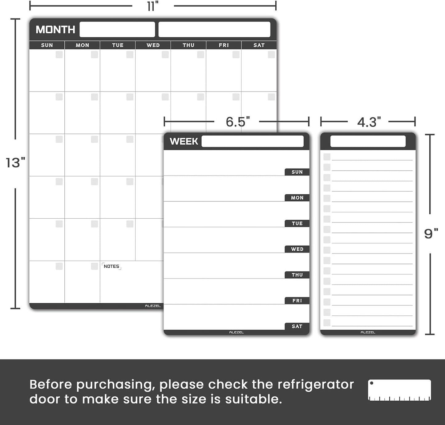 ALEZEL Magnetic Dry Erase Calendar for Refrigerator, Fridge Calendar Set | Includes Vertical Magnetic Monthly Planner Whiteboard & Weekly Dry Erase Board, List Board, 4 Markers + Eraser