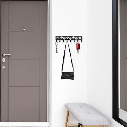 Key Holder Wall Mount & Dog Leash Holder for Wall, Metal Key Rack with 8 Hooks for Entryway/Hallway/Kitchen Decor, Dog Paws Design Wall Organizer 11.8×2.6 Inch with Screw Anchors (Black-Paws)