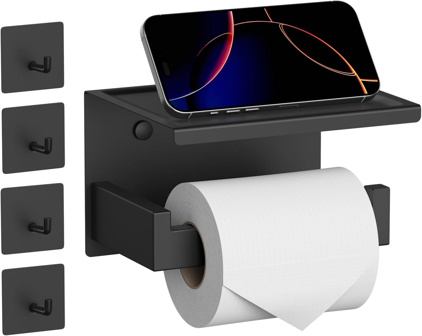 HITSLAM Toilet Paper Holder Matte Black, Adhesive Wall Mount, No Rotation | Heavy Duty Metal | anti rotation slot | vertical or horizontal setup |rustproof matte black finish|Bathroom Tissue Dispenser