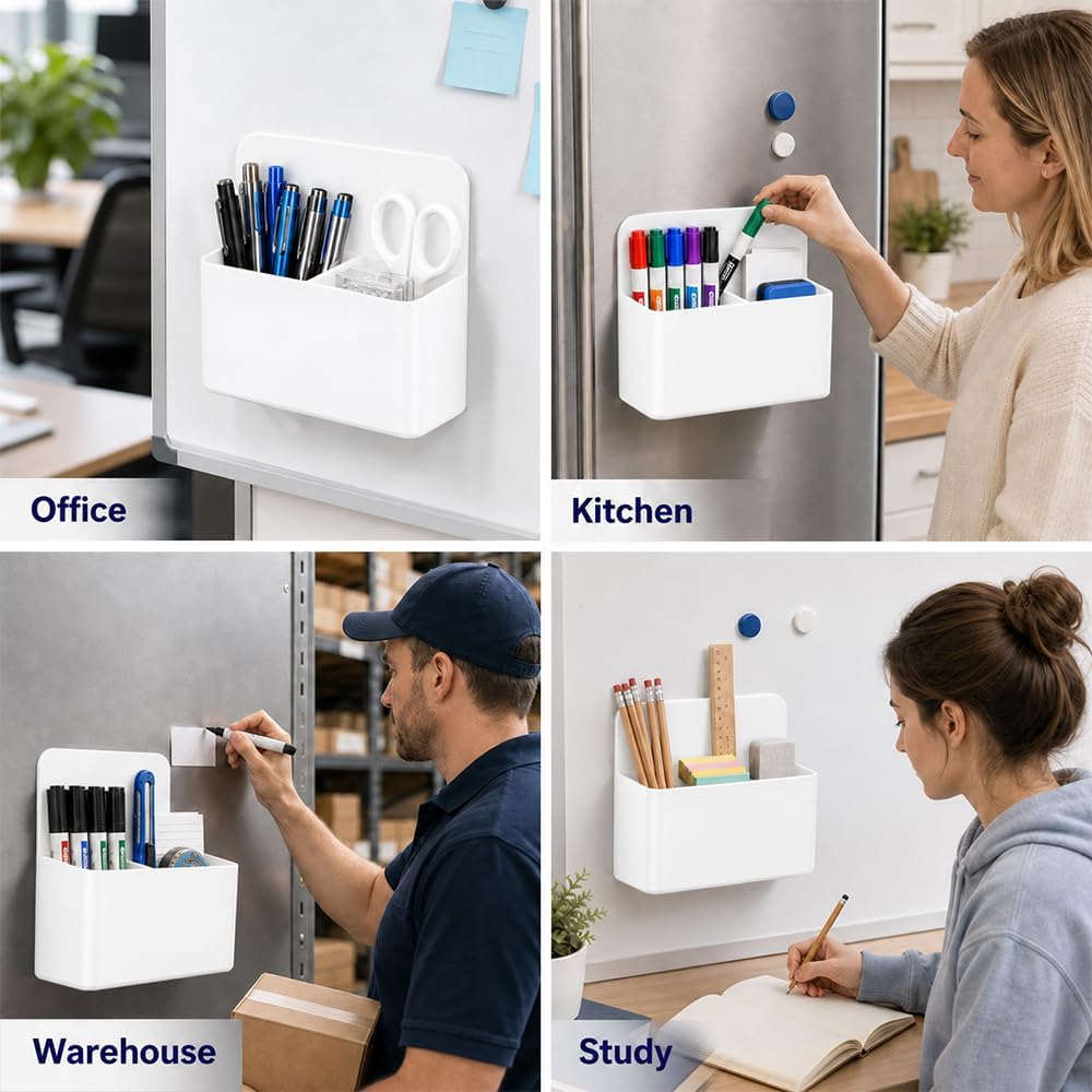 Magnetic Pencil Pen Holder, 2 PCS Magnetic Dry Erase Marker Holder for Whiteboard, Black White Magnet Storage Pencil Cup Case Fridge Organizers Locker Accessories for Office School Teacher Must Haves