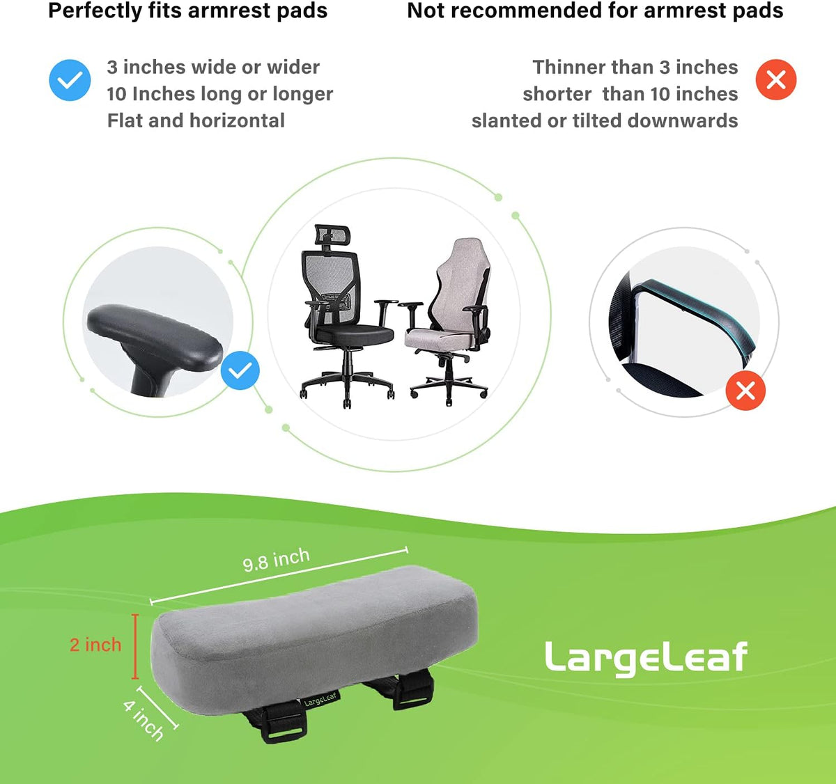 LargeLeaf Extra Thick 2 inches Chair with Memory Foam Armrest Pads 2-Piece