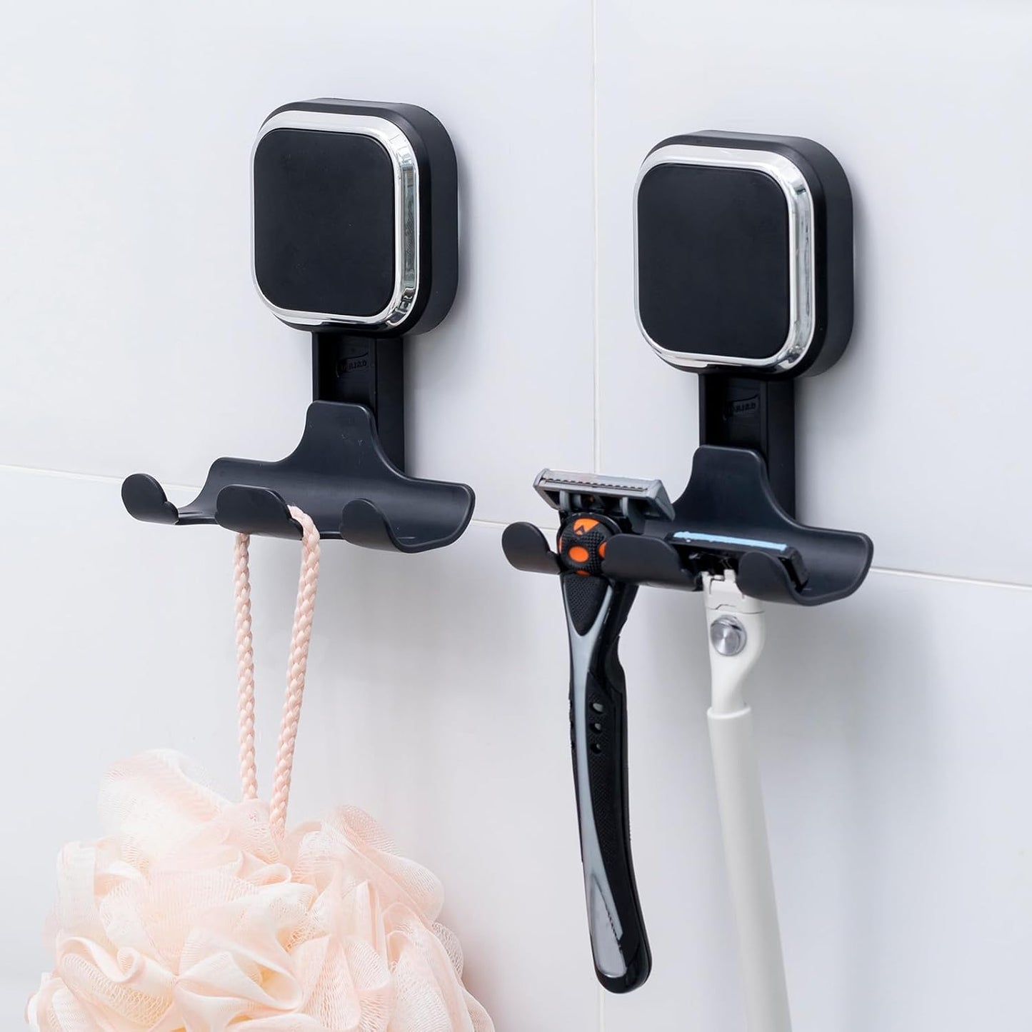 Razor Holder for Shower 2 Pack, Powerful Vacuum Suction Cup Hook for Towel, Loofah, Razor, Squeegee, Damage-Free Wall Shower Hook, Shaver Holder for Bathroom, Easy to Install and Reuse, Black