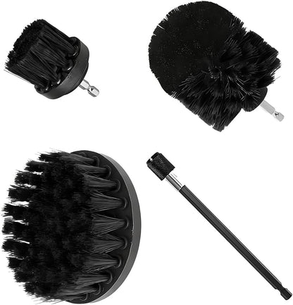 4PCS Drill Brush Attachment Kit with Extension Rod, Red | PP bristles with steel shafts, three brush sizes, quick-change extension rod, follows curved surfaces, compact storage
