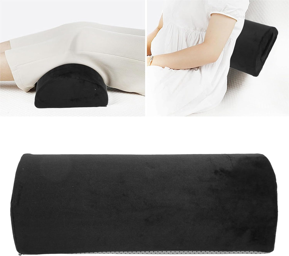 ZJchao Black Half Moon Bolster Pillow, Memory Foam Leg Knee Neck Lumbar Support Cushion for Elderly, Non-Slip Foot Rest for Side Sleepers, Home Bed Comfort Support