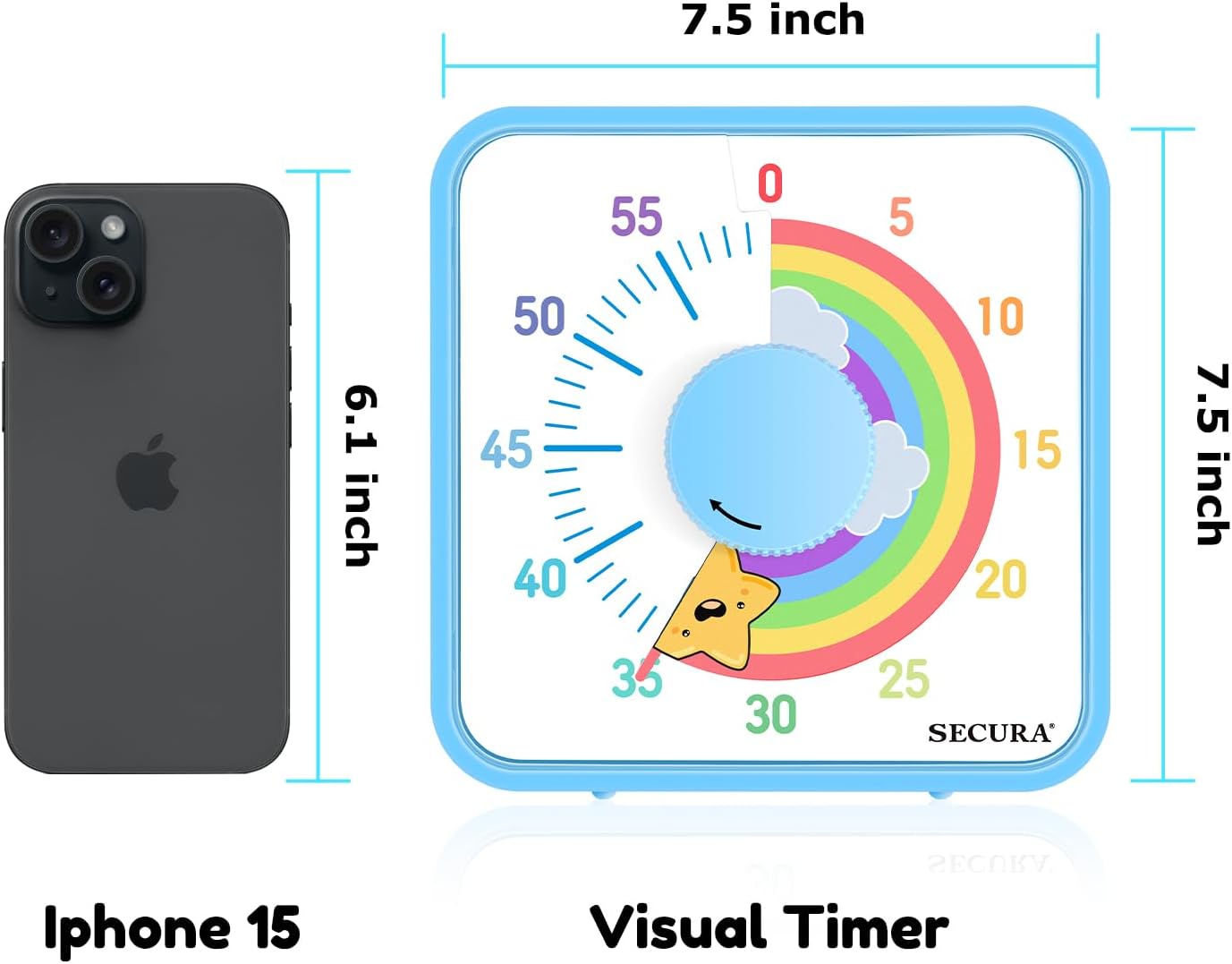 Secura 7.5-Inch Rocket Pattern Visual Timer for Kids, 60-Minute Countdown Timer for Classroom or Kitchen, Durable Mechanical Timer Clock with Magnetic Backing (Blue)