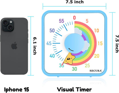 Secura 7.5-Inch Rocket Pattern Visual Timer for Kids, 60-Minute Countdown Timer for Classroom or Kitchen, Durable Mechanical Timer Clock with Magnetic Backing (Blue)