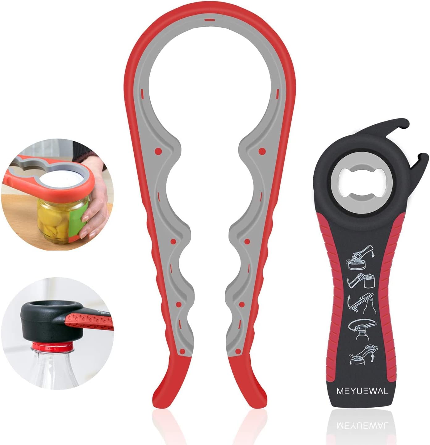 Jar Opener Bottle Opener for Weak Hands, 5 in 1 Multi Function Can Opener Bottle Opener Kit with Silicone Handle Easy to Use for Children, Elderly and Arthritis Sufferers (New red)