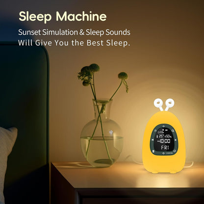 Sunrise Alarm Clock Wake Up Light, White Noise Sound Machine with 20 Soothing Sounds, 10 Night Lights, Wireless Speaker/Temp & Humidity/Rechargeable, Dimmable Clock Gift for Baby Kids Adults