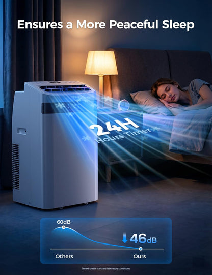 14000BTU Portable Air Conditioner, 4-in-1 700 Sq. Ft, Quiet for room | 14000BTU AC cools 700sq.ft, 4-in-1 cool/fan/dry/sleep, quiet, LED, remote, 24H timer, kit, for bed/office/dorm.