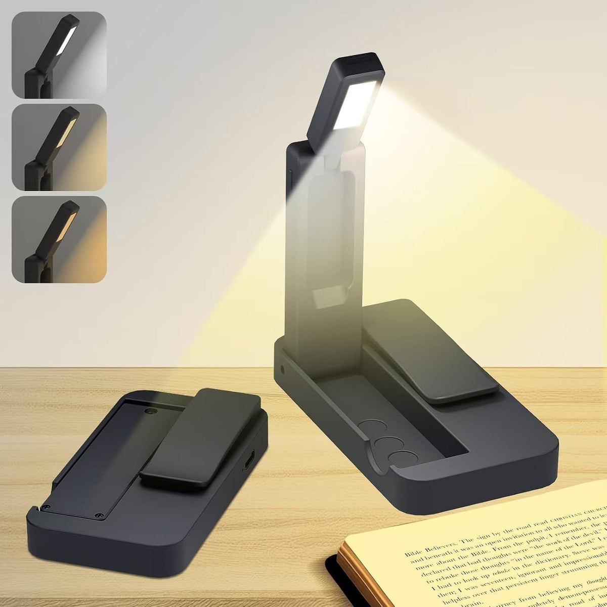 NEWZCLA【2 Pack】Rechargeable Book Light for Reading in Bed,Foldable Clip-On Reading Light,Lightweight 3 Color Amber Eye Care & Stepless Dimming,80H Lasting LED Lamp Gifts for Book Lovers,Travel/2*Black