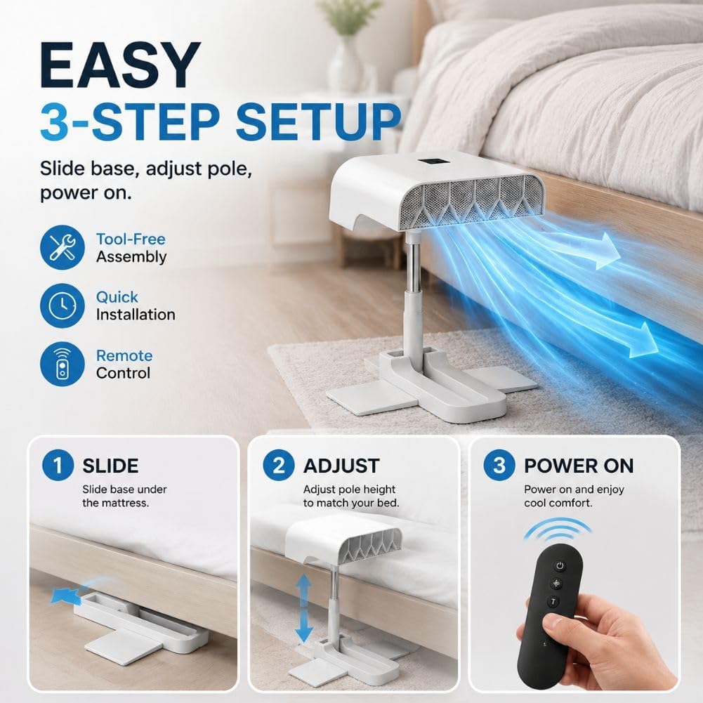 Bed Fan Under Sheets, 5 Speeds Cordless Cooling System with Remote