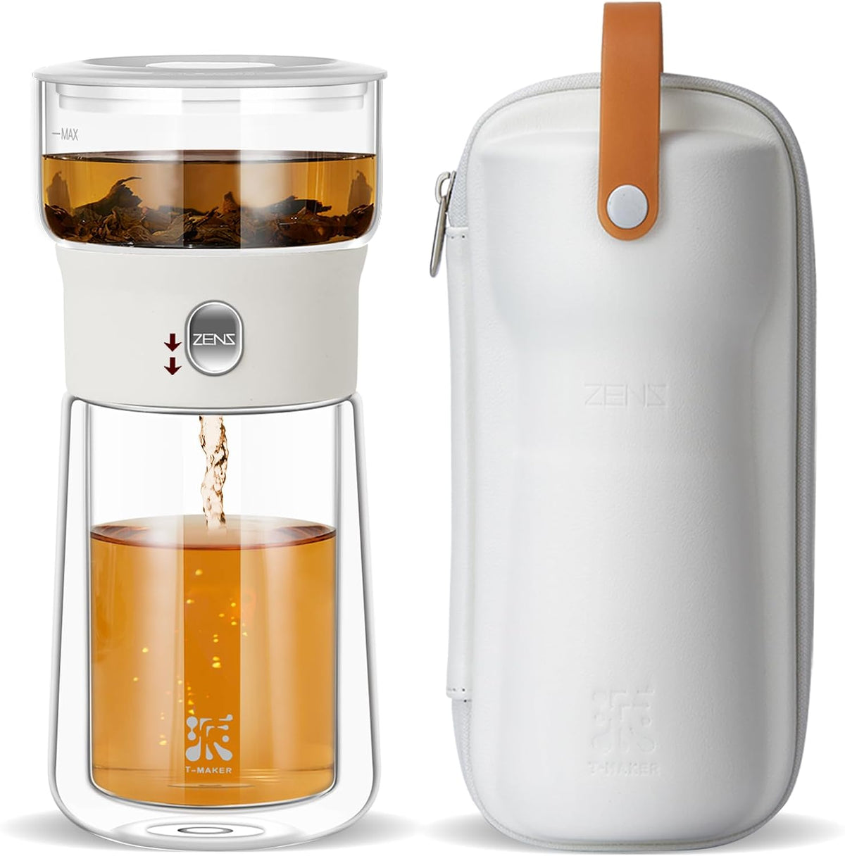 ZENS Glass Infuser Teapot, One Touch Tea Maker for Loose Leaf Tea, Walnut