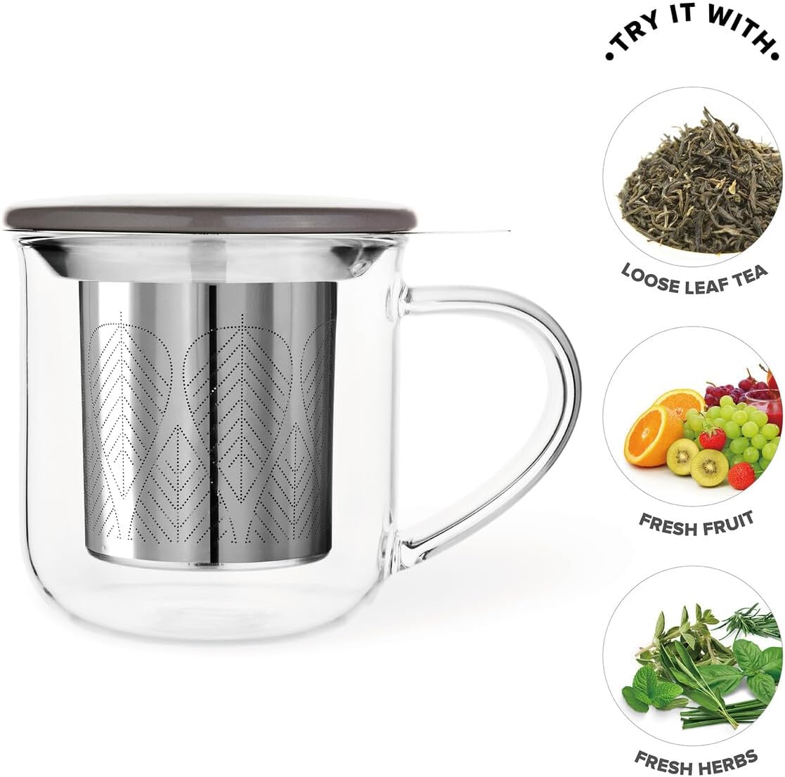 VIVA Minima Balance Glass Tea Cup with Infuser and Lid, 17oz, Clear Bamboo