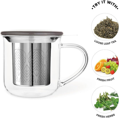 VIVA Minima Balance Glass Tea Cup with Infuser and Lid, 17oz, Clear Bamboo