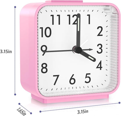 Analog Alarm Clock, Bedside Clocks Battery Powered, Silent Non Ticking Travel Clock with Night Light, Snooze, Easy Set, Clock for Heavy Sleepers Kids Elder Travel Bedroom Office, Pink