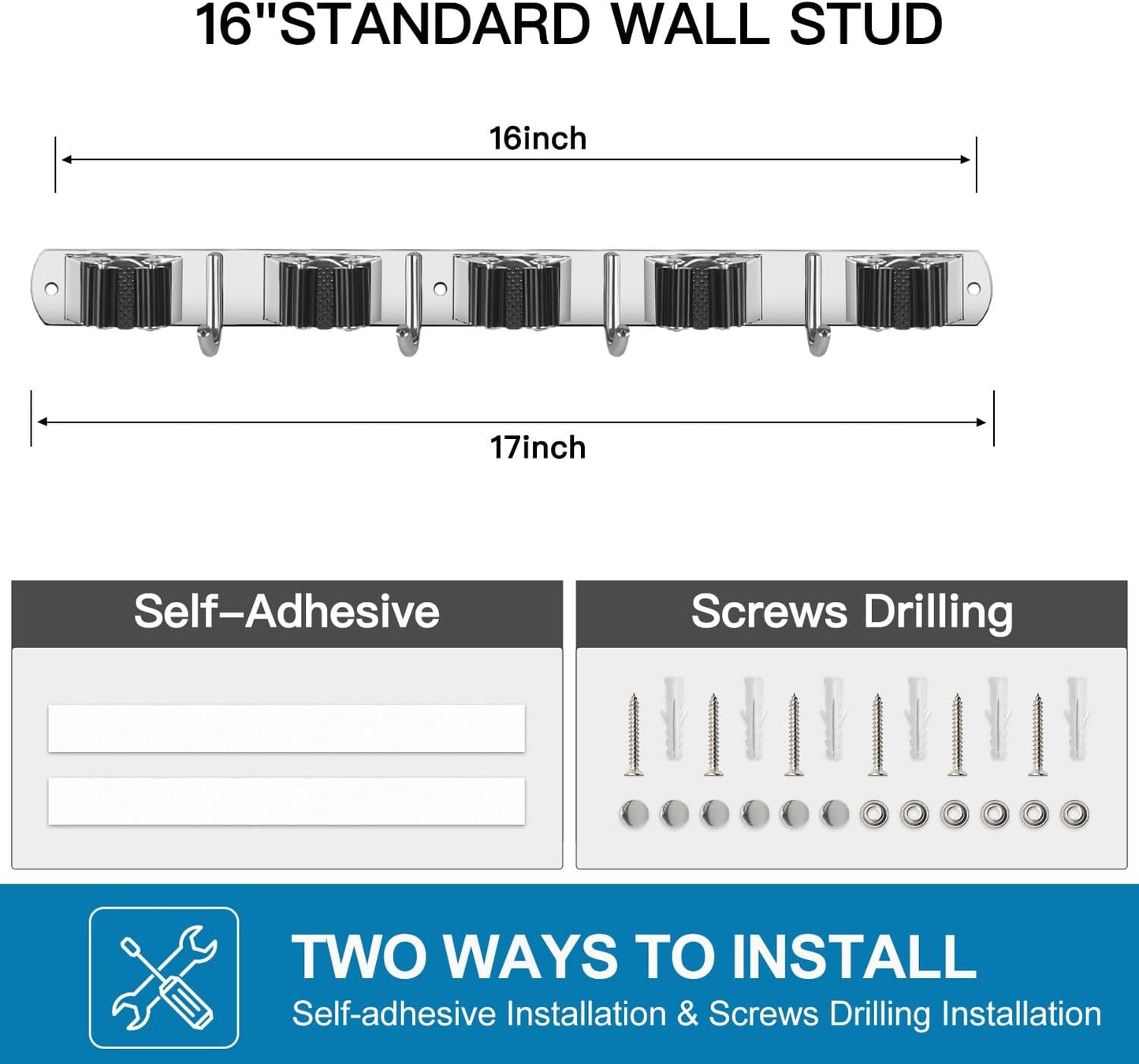 IMILLET 2 Pack Broom Holder Wall Mount Stainless Steel Mop Organizer | 5 Racks 4 Hooks Heavy Duty Garage Organization Storage,Broom and Mop Organizer Wall Hanging Self Adhesive for Laundry Room