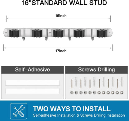 IMILLET 2 Pack Broom Holder Wall Mount Stainless Steel Mop Organizer | 5 Racks 4 Hooks Heavy Duty Garage Organization Storage,Broom and Mop Organizer Wall Hanging Self Adhesive for Laundry Room