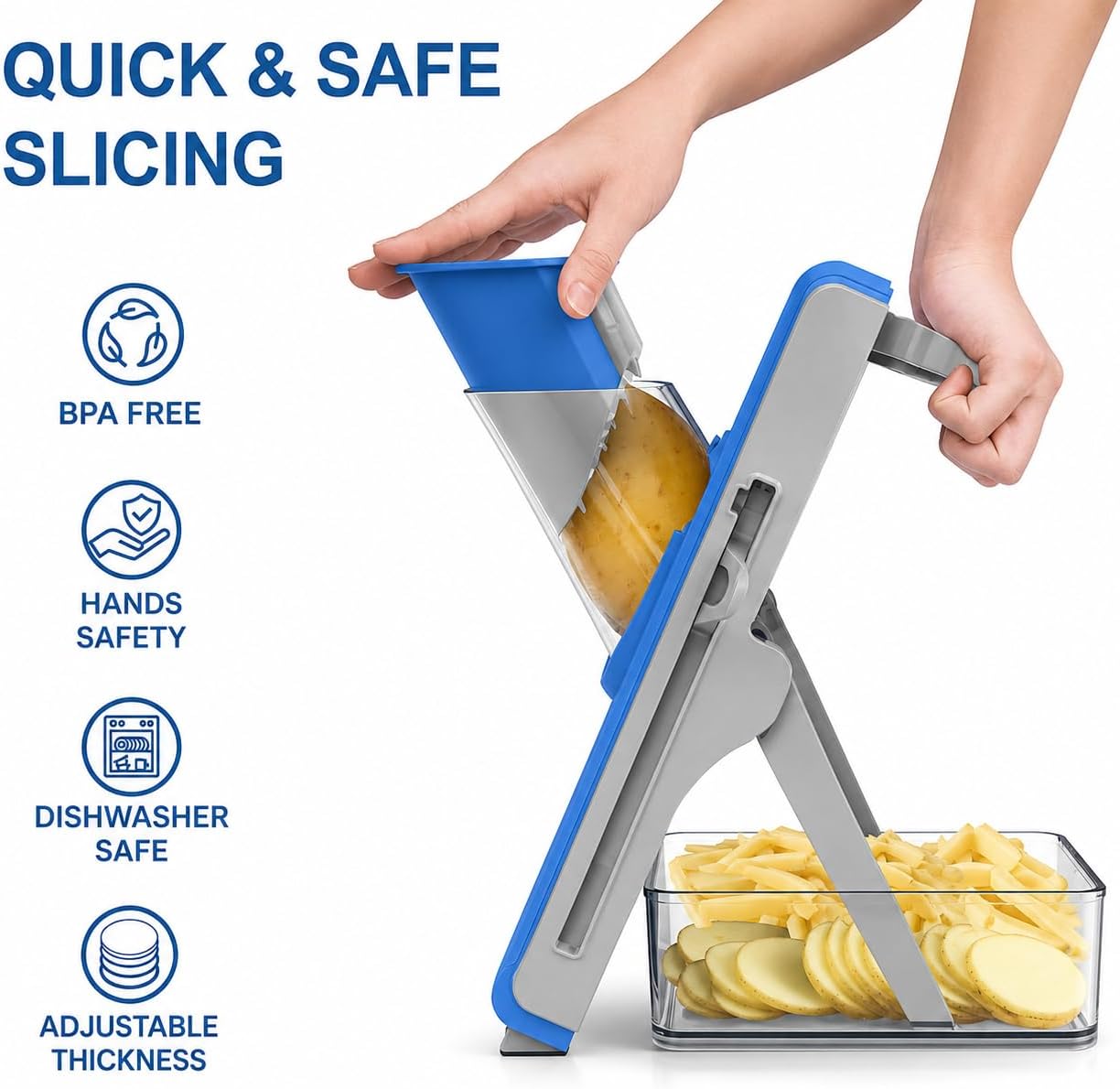 Eletronova Safe Mandoline Slicer for Kitchen, Vegetable Slicer with Container, French Fry Cutter, All in 1 Julienne Slicer for Potato, Thickness Adjustable, Detachable Blade (Green)
