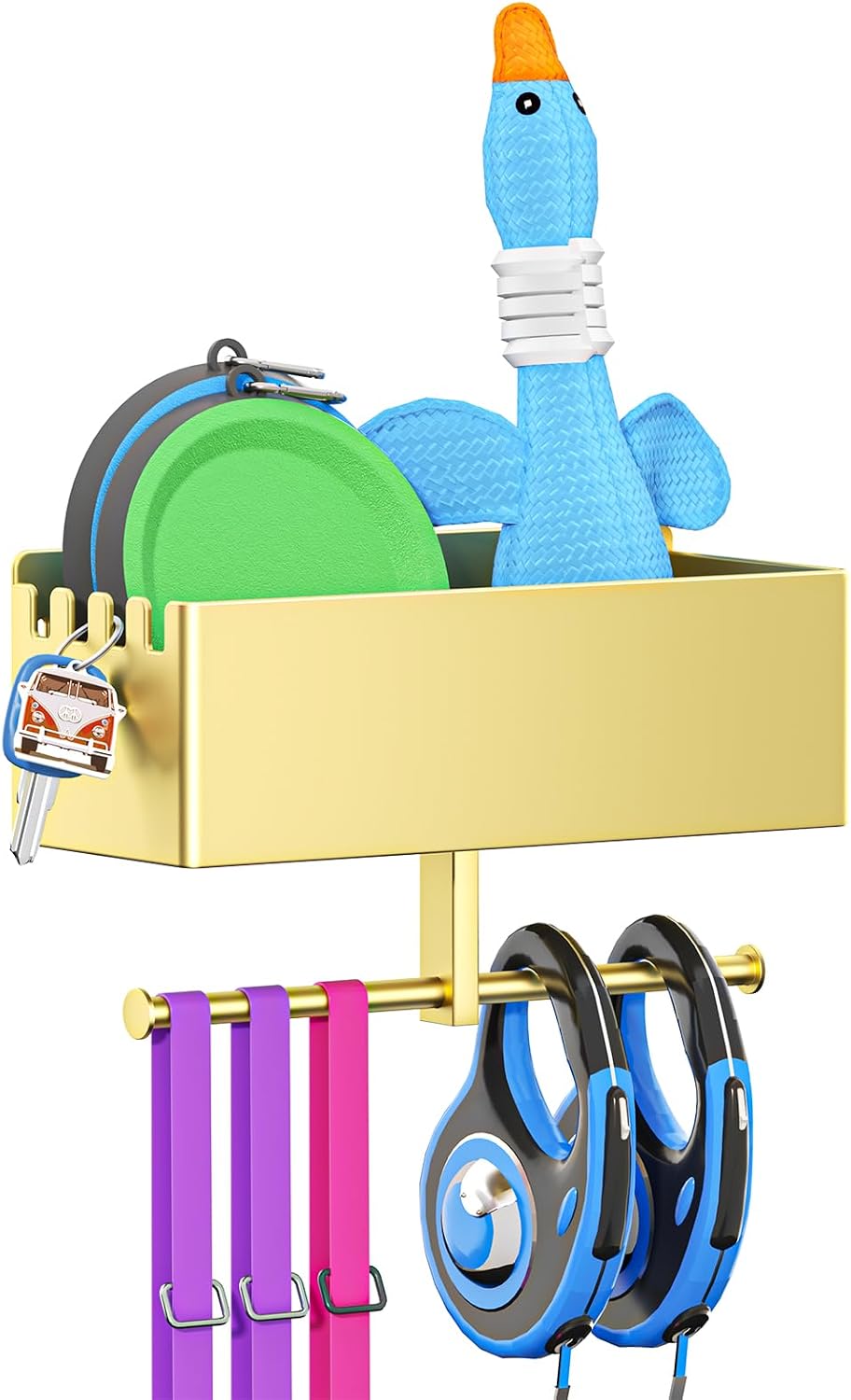 Dog Leash Holder for Wall, Dog Leash Hooks, Pet Stuff Organizer with Shelf Storage, Metal Key Holder, Leash Hangers Organizer Rack for Pet Collar, Toys, Treats, Poop Bag (Black)