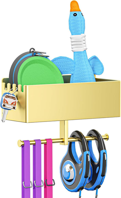 Dog Leash Holder for Wall, Dog Leash Hooks, Pet Stuff Organizer with Shelf Storage, Metal Key Holder, Leash Hangers Organizer Rack for Pet Collar, Toys, Treats, Poop Bag (Black)