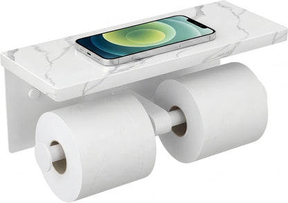 FORIOUS Toilet Paper Holder with Shelf, Natural Marble, Commercial | Brushed Nickel, Wall Mount 304 Stainless Steel Commercial Bathroom Tissue Roll Dispenser, Heavy Duty Washroom Paper Storage
