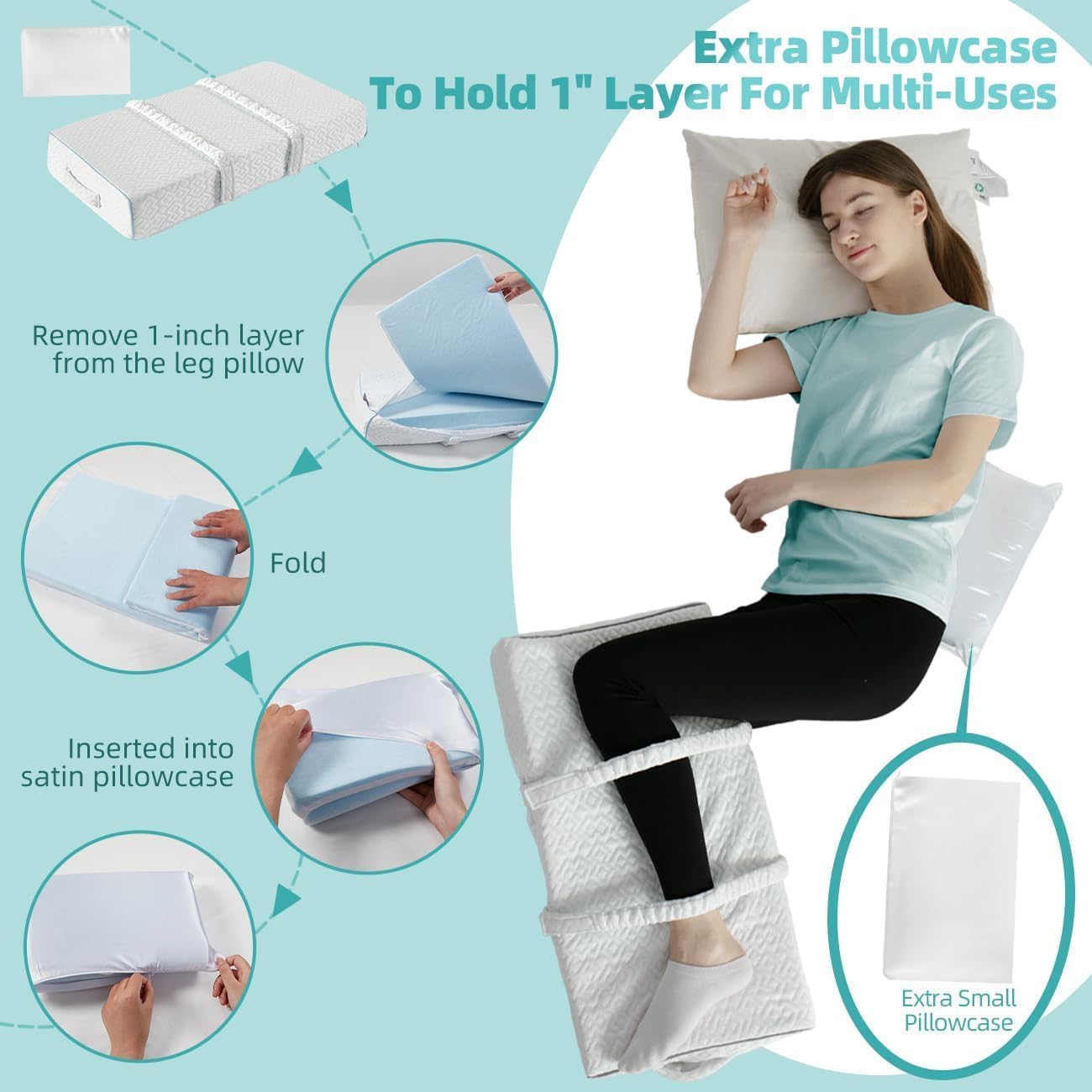 Cool Knee Pillow for Side Sleepers Hip Pain 4in, Adjust Leg Pillow for Multi-uses, CertiPUR-US Memory Foam Knee Pillow for Side Sleeper, Leg Pillow for Side Sleeping with 2 Straps, White