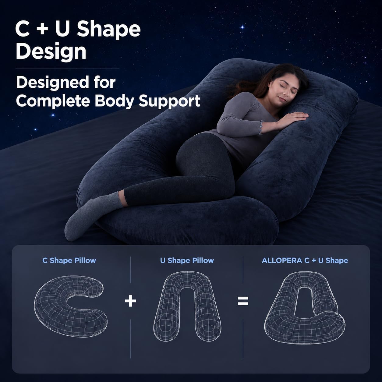 ALLOPERA Pregnancy Pillows for Sleeping, 57-Inch U-Shaped Full Body Maternity Pillow with Adjustable Fill and Removable Washable Cover, Back, Belly, Hip and Leg Support for Pregnant Women, Black Grey