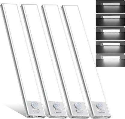 4 Pack Under Cabinet Lighting, Rechargeable Motion Sensor Light Indoor, Wireless Dimmable Magnetic Closet Lights, 32 LED Under Counter Lights for Kitchen, Wardrobe, Stairs, White Light
