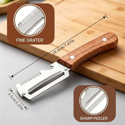 Multifunctional Vegetable Peeler,3 in 1 Stainless Steel Potato Peeler with Bottle Opener,Wooden Handle Fruit&Veggie Peeler for Kitchen,Carrot Apple Peeling Tool, GreenOnion Shredder Kitchen Gadget,1PC