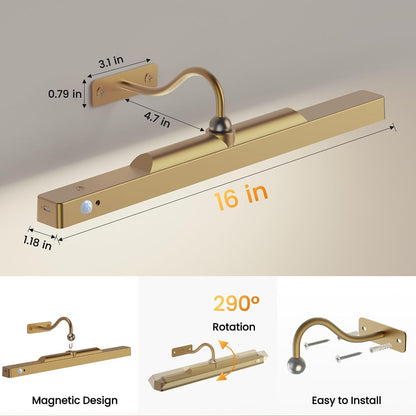 Wireless Picture Light for Wall Art Motion Sensor, 16 Inch, Black, 1 Pack | 5000mAh Rechargeable Battery, Cordless, Magnetic Detachable Bar, 3CCT Dimmable, Remote Control for Paintings and Artworks