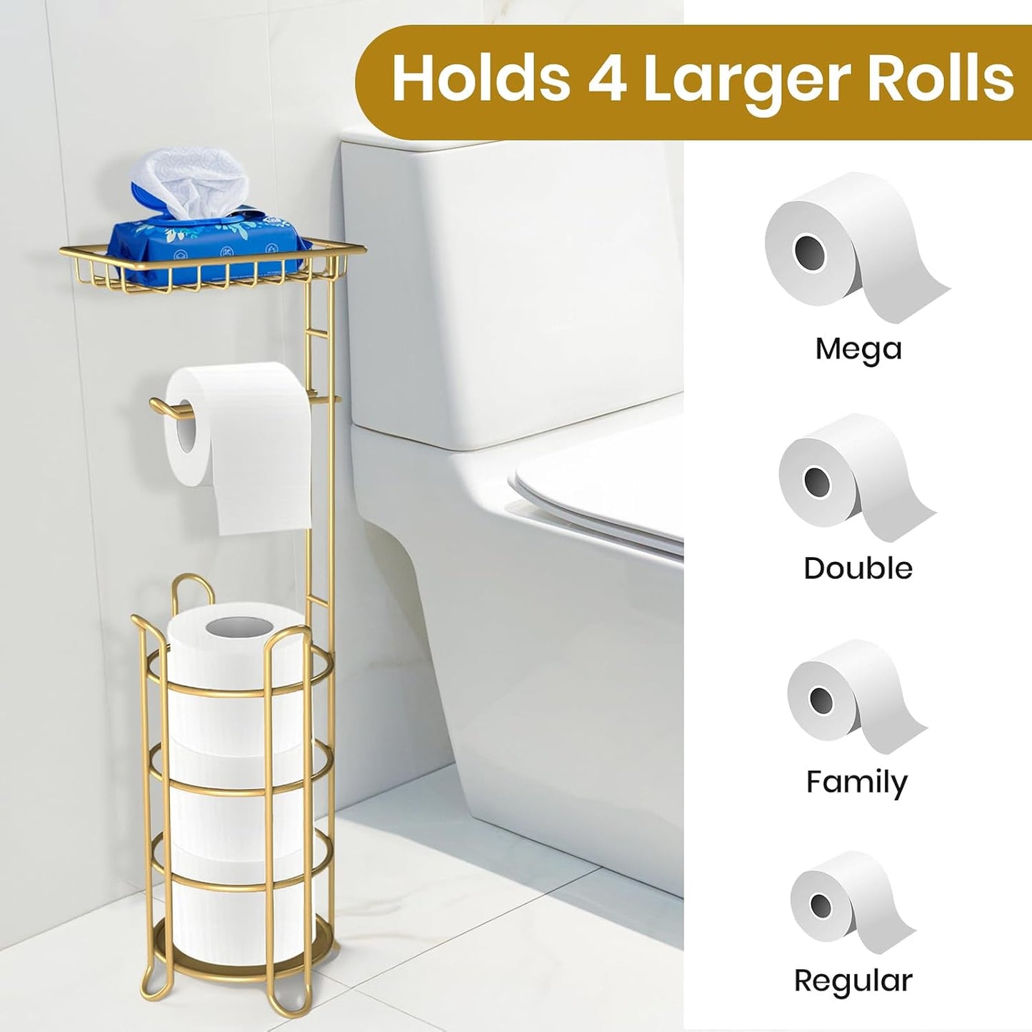 Toilet Paper Holder Stand Tissue Paper Roll Dispenser with Shelf for Bathroom Storage Holds Reserve Mega Rolls-Bronze
