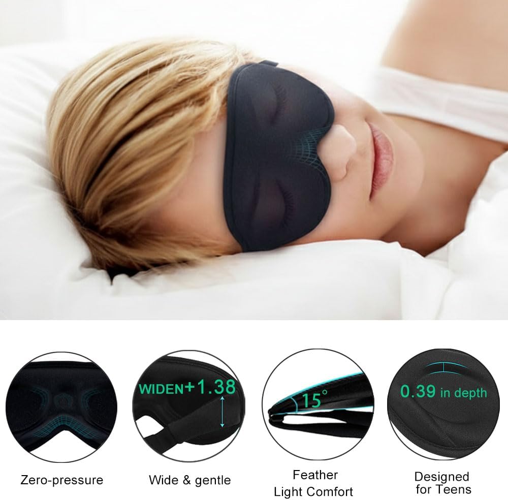 3D Sleep Mask for Side Sleepers, Blackout & Zero Pressure - Breathable Memory Foam, Adjustable Strap - for Travel, Yoga & Meditation Black