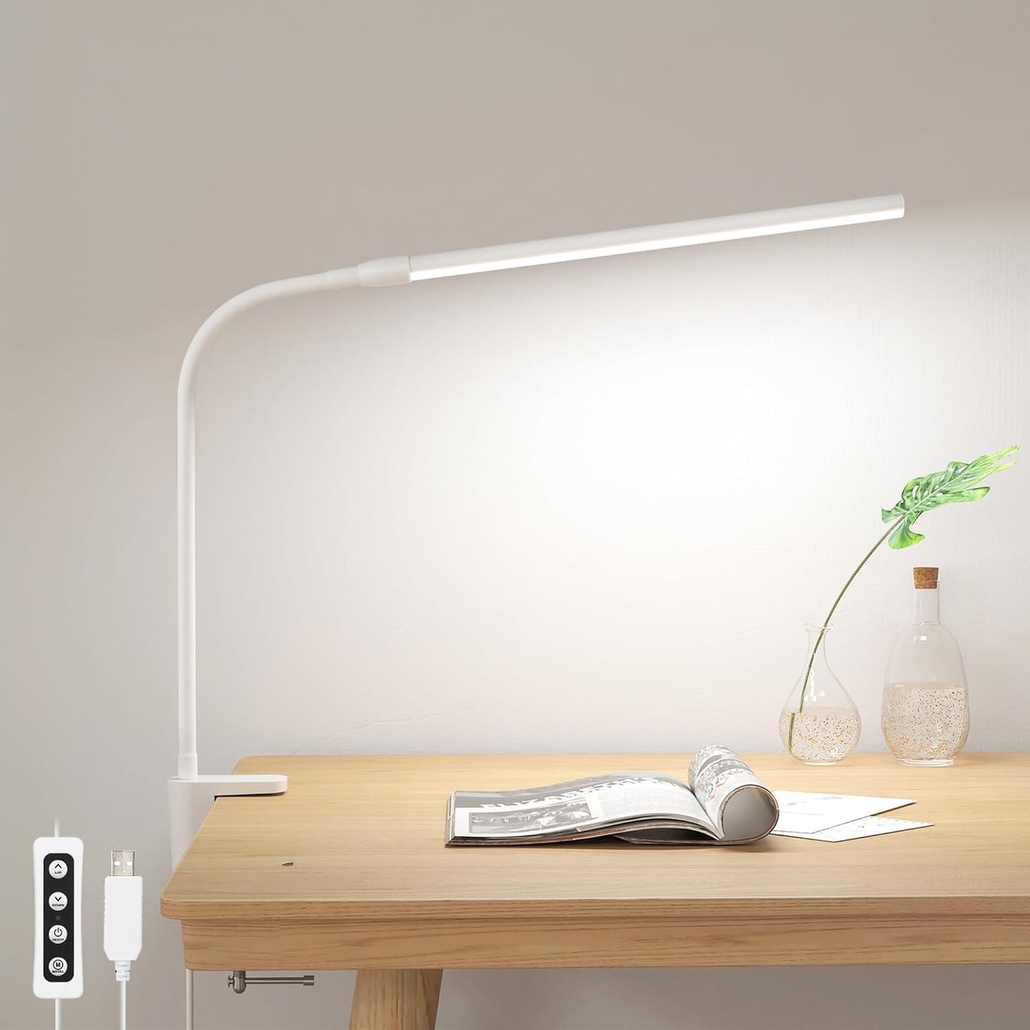 Lepro Small Desk Lamp with Clamp, LED Reading Lamps, 460LM, 5W, White | 3 Color Modes 10 Brightness, Dimmable USB Clip on Desk Light with Gooseneck Swing Arm for Nail, Home Office and Dorm
