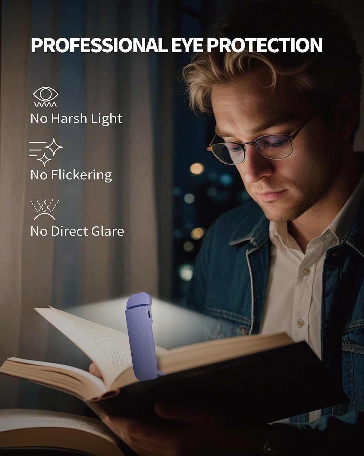 HEMONNKAM Book Reading Light, Rechargeable Clip on Booklight, Eye Caring 3 Color Temperatures & 5 Brightness Levels, Night Use for Bed, Long Lasting, Reading at Night in Bed, Romantic Purple