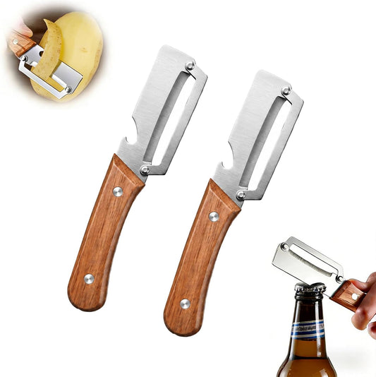 2PCS Vegetable Peeler, Stainless Steel Potato Peeler with Wooden Handle and Bottle Opener, Manual Fruit & Vegetable Peeler for Carrots, Apples, Cucumbers and Kitchen Meal Prep