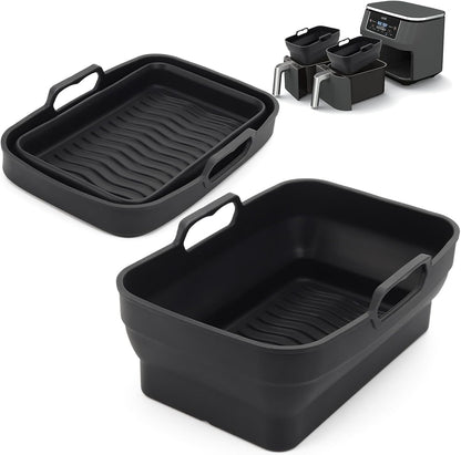 2Pcs Air Fryer Silicone Liners with Magnetic Cheat Sheet, 8-10 QT, Grey | 2 Pack, Reusable, Replacement Basket Bowl, Collapsible Baking Tray, Air Fryer Accessories